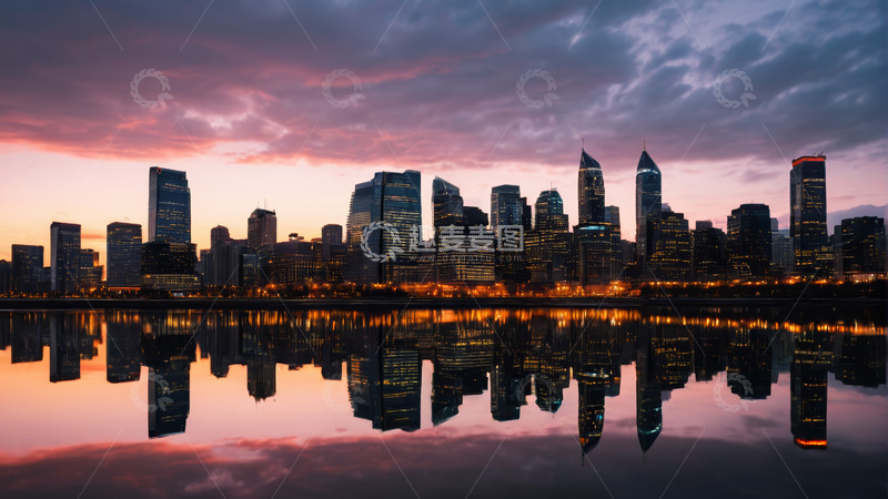 高清大图下载【趣麦麦图】城市天际线黄昏倒影景观