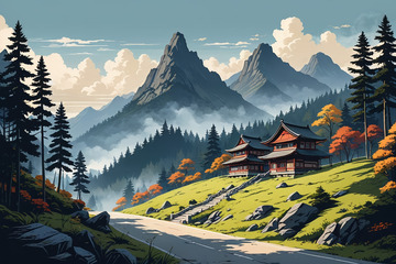 山林间的中式建筑风景