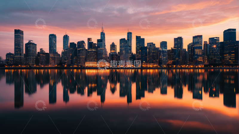 高清大图下载【趣麦麦图】城市天际线黄昏倒影景观