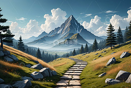 山间草地石板路自然风光