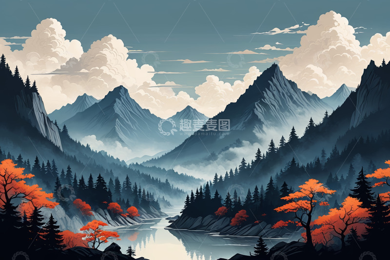 高清大图下载【趣麦麦图】山林间河流与云雾自然风光