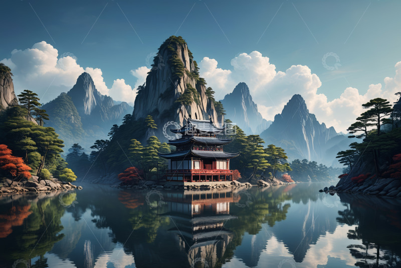 高清大图下载【趣麦麦图】古风山水间的中式建筑景观