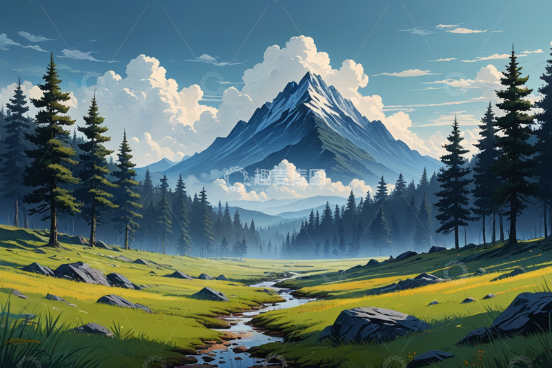 高清大图下载【趣麦麦图】山间森林草地溪流自然景观