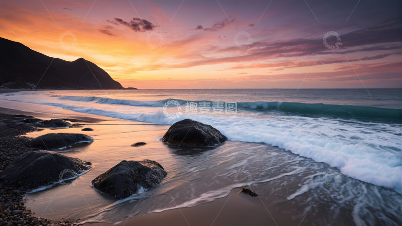 高清大图下载【趣麦麦图】海滩日落时分海浪拍打岩石