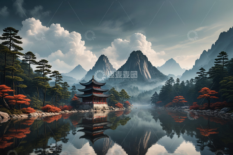 高清大图下载【趣麦麦图】山水间中式古亭风景