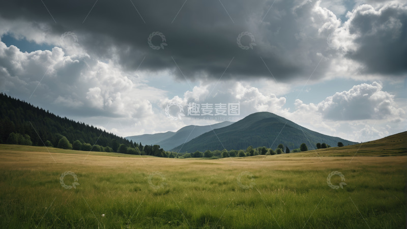 高清大图下载【趣麦麦图】广阔草原与远山及多云天空