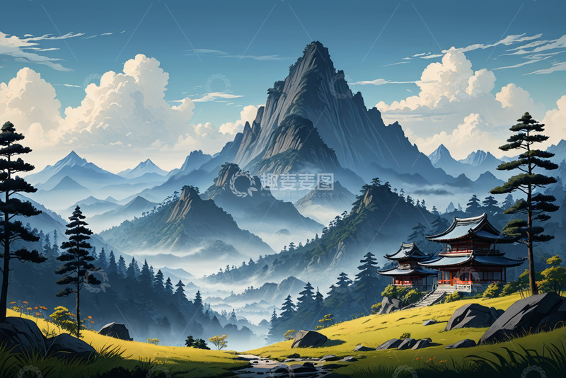 高清大图下载【趣麦麦图】中式山水间的古建筑风景