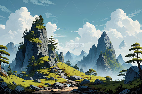 手绘风格青山云海自然景观