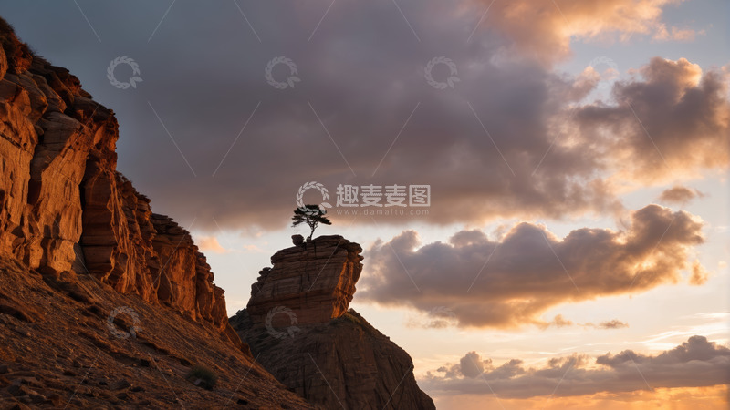 高清大图下载【趣麦麦图】夕阳下岩石与孤树景观