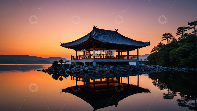 高清大图下载【趣麦麦图】湖畔中式亭台日落景象