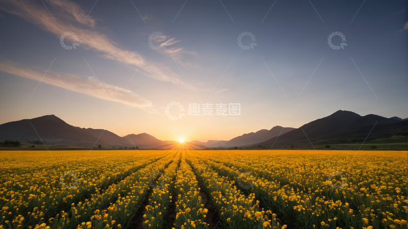 高清大图下载【趣麦麦图】田野间日落时分的黄色花海