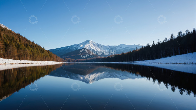 高清大图下载【趣麦麦图】雪山森林环绕的宁静湖泊