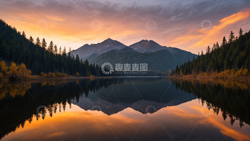 高清大图下载【趣麦麦图】山林湖泊黄昏全景