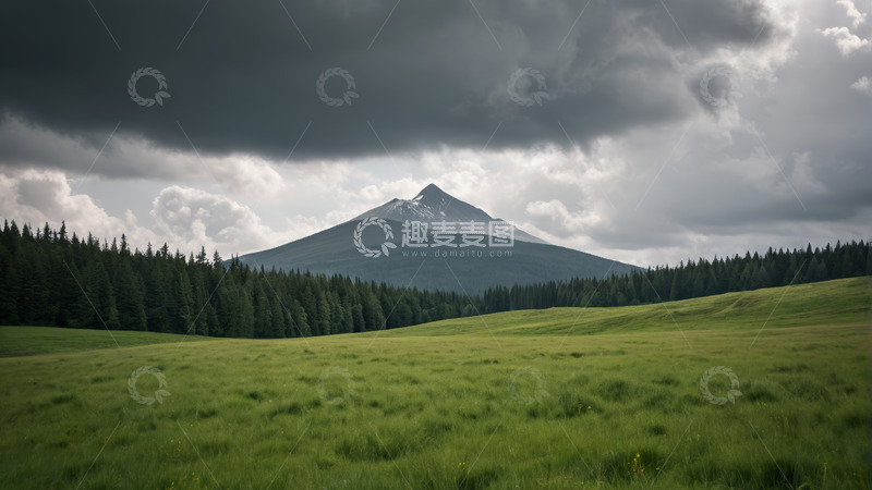 高清大图下载【趣麦麦图】青山云雾下的草原森林风光