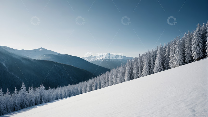 高清大图下载【趣麦麦图】雪覆山林与远山风景