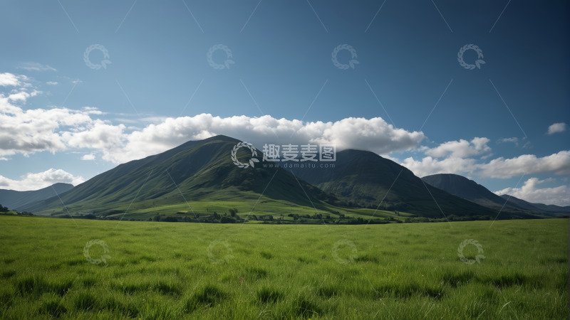 高清大图下载【趣麦麦图】草原上的远山与蓝天白云景观