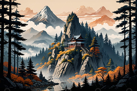 山林间的中式古建筑景观
