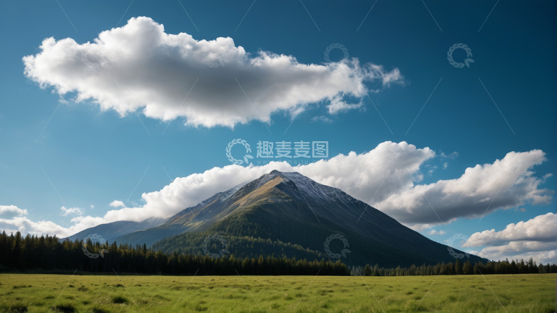 高清大图下载【趣麦麦图】蓝天白云下的草原与山峰景色