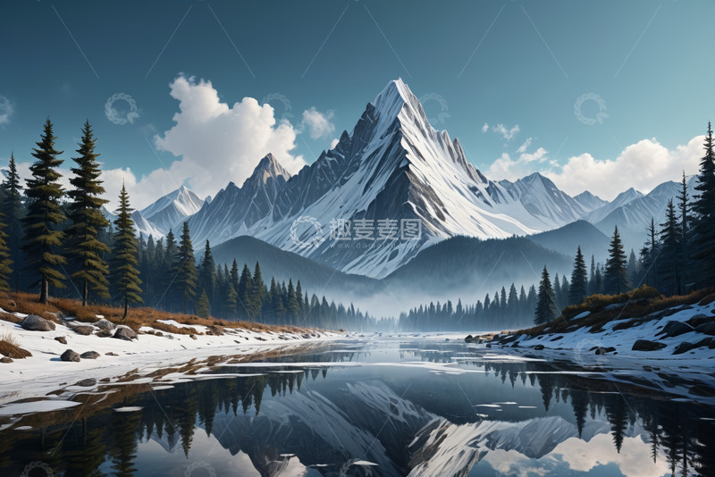 高清大图下载【趣麦麦图】雪山森林湖泊自然风光