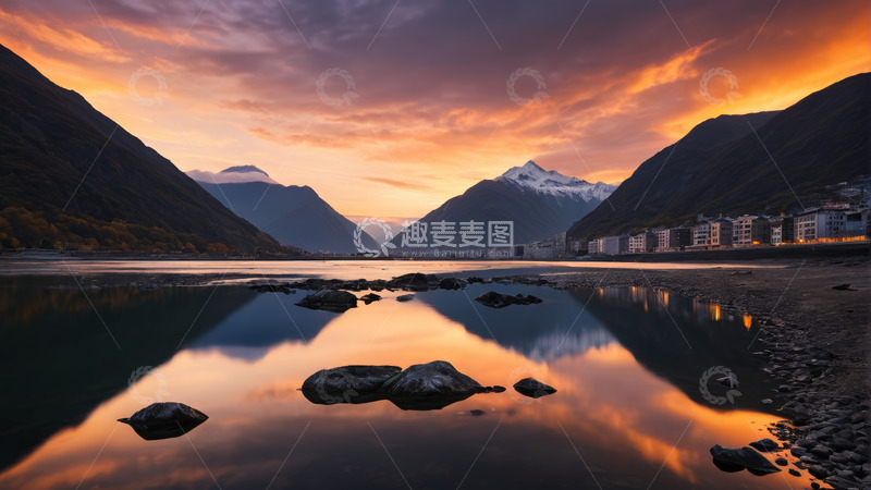 高清大图下载【趣麦麦图】山水间壮丽的日落景象