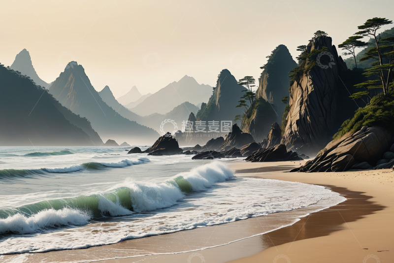 高清大图下载【趣麦麦图】海边沙滩与远处山峦风景