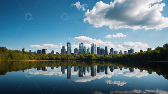 城市湖畔林立高楼全景