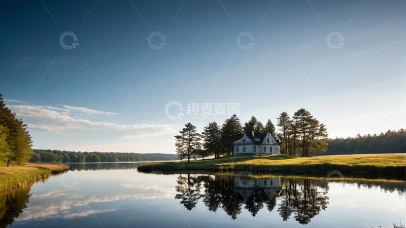 高清大图下载【趣麦麦图】湖畔森林旁的白色房屋景观