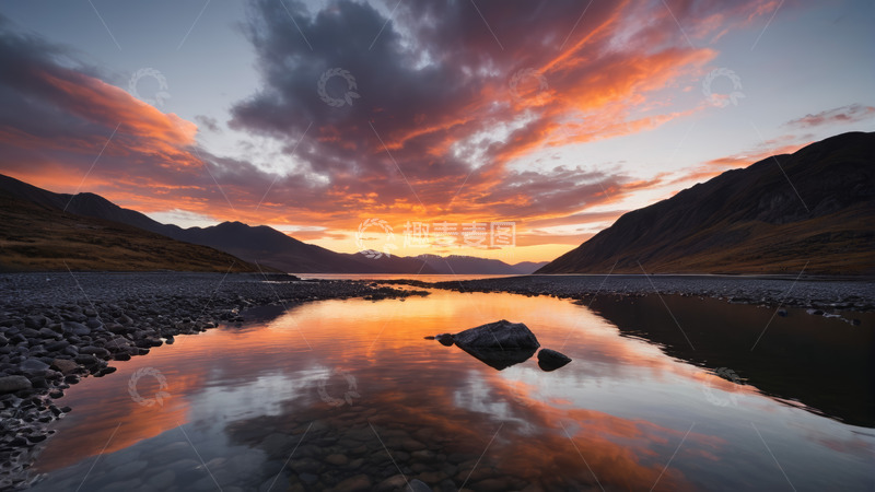 高清大图下载【趣麦麦图】山间水域壮丽日落景观