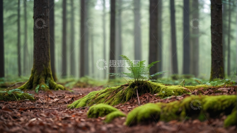 高清大图下载【趣麦麦图】森林中长着苔藓和蕨类植物景象