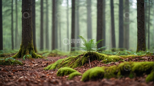 森林中长着苔藓和蕨类植物景象