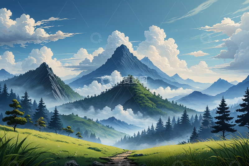 高清大图下载【趣麦麦图】山间草地与云雾环绕的山脉