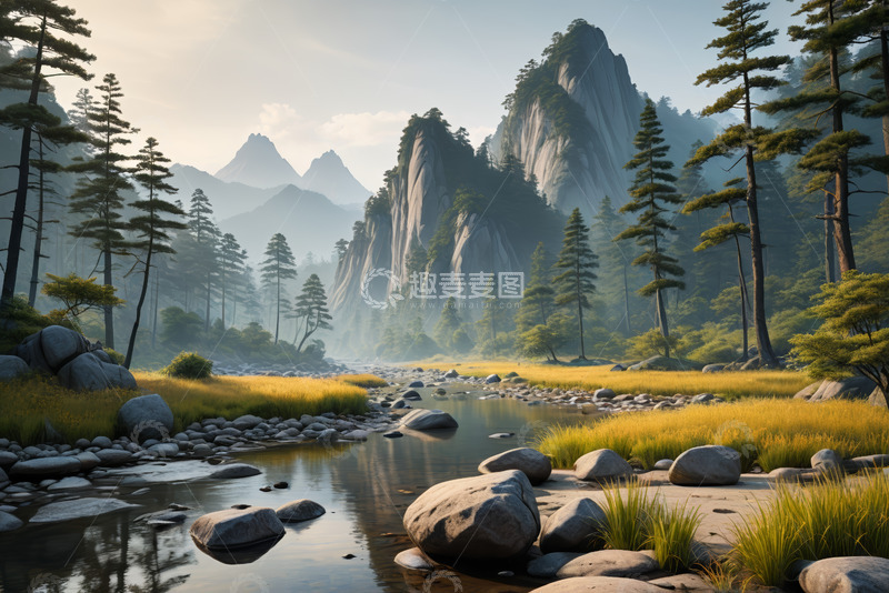 高清大图下载【趣麦麦图】山林间河流与岩石自然风光