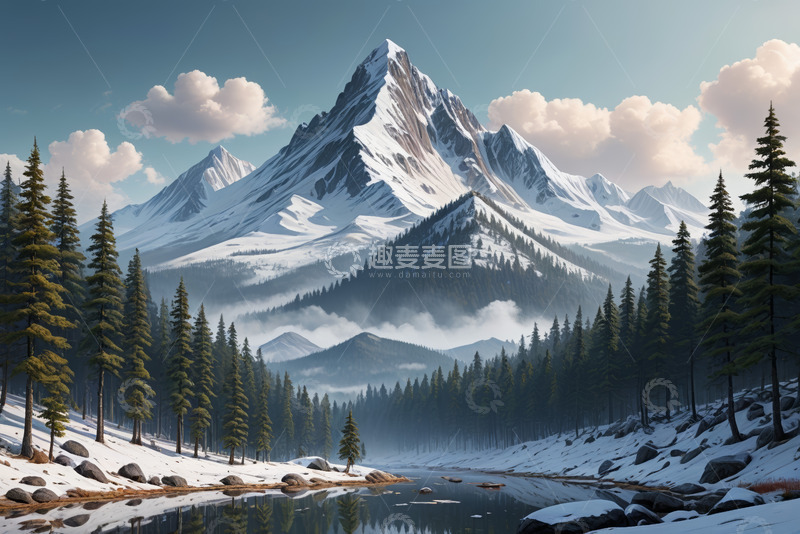 高清大图下载【趣麦麦图】雪山下的森林与湖泊风景