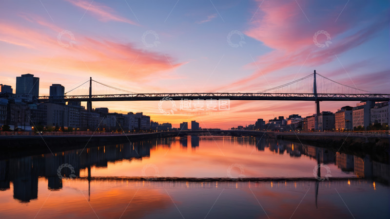 高清大图下载【趣麦麦图】城市桥梁日落倒影景观