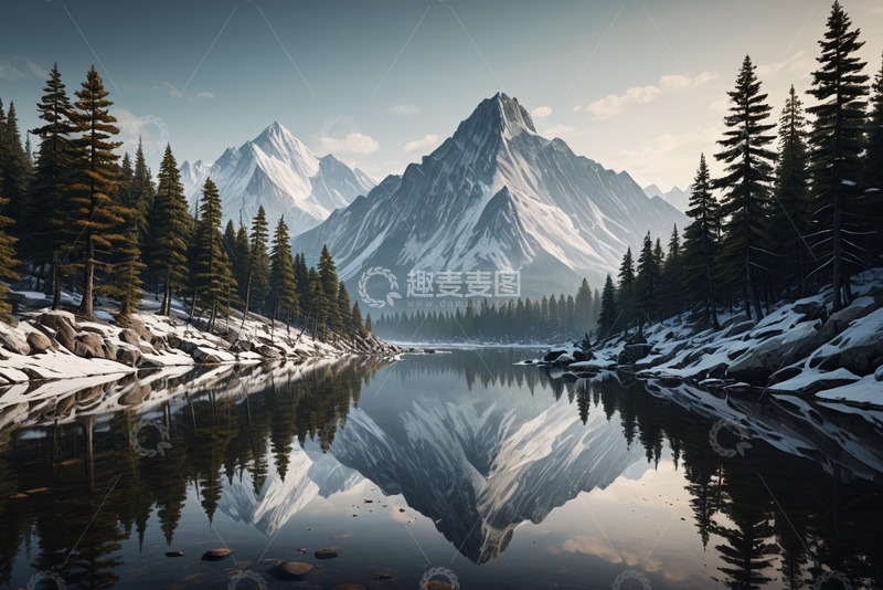 高清大图下载【趣麦麦图】雪山森林旁宁静湖泊景观