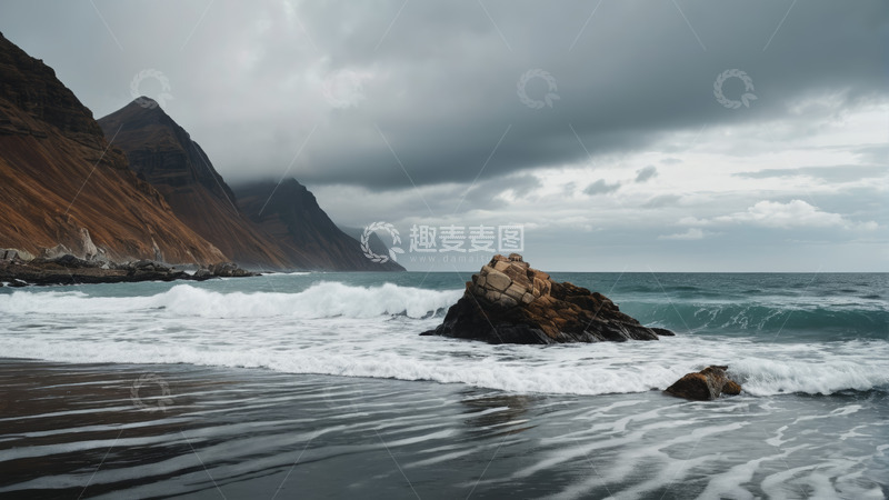 高清大图下载【趣麦麦图】海边礁石与山脉风景