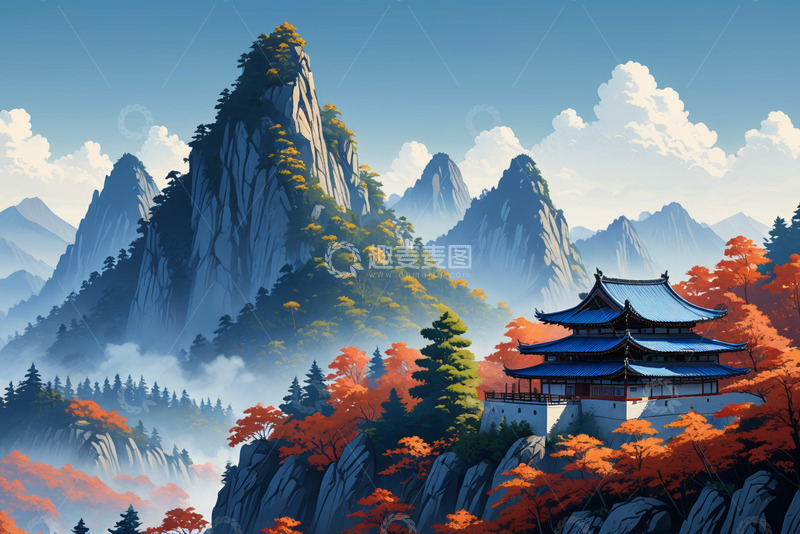 高清大图下载【趣麦麦图】中式山水古建筑风景