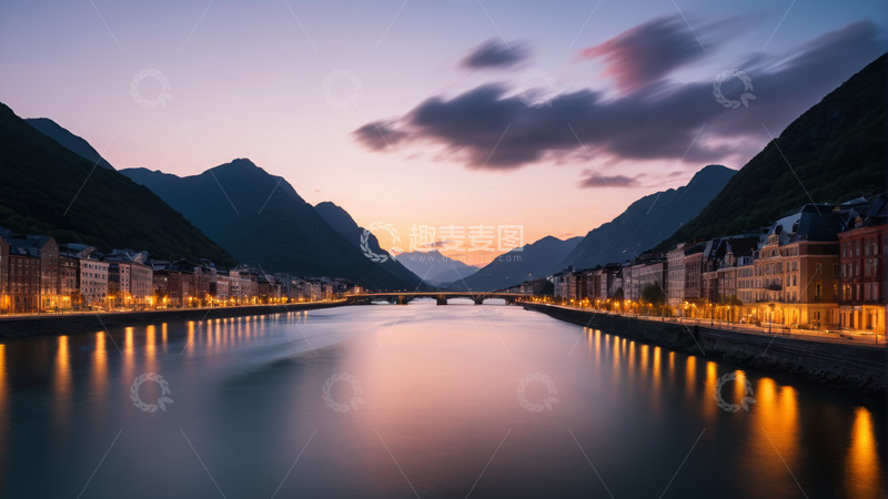 高清大图下载【趣麦麦图】河畔山城黄昏全景