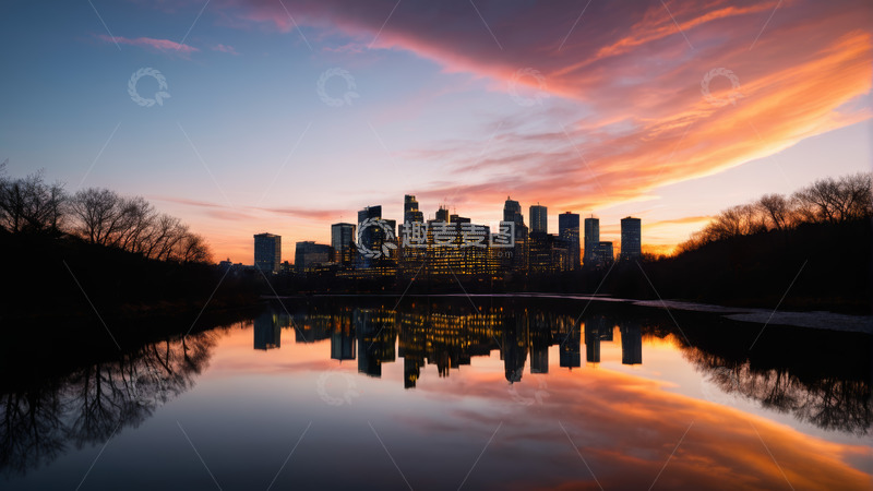 高清大图下载【趣麦麦图】城市天际线日落倒影景观