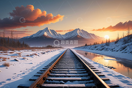 雪山下的铁路雪景