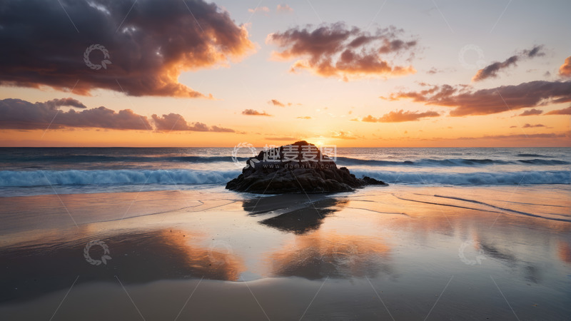 高清大图下载【趣麦麦图】海滩日落时分岩石与海浪景观