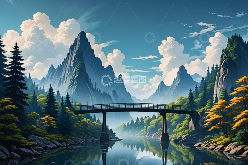 高清大图下载【趣麦麦图】山水间的桥梁与森林风景