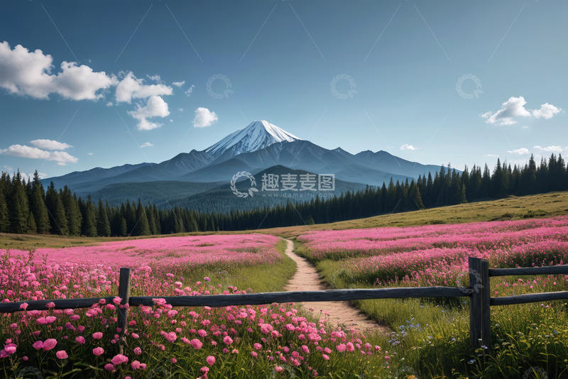 高清大图下载【趣麦麦图】山间粉色花海与雪山景观