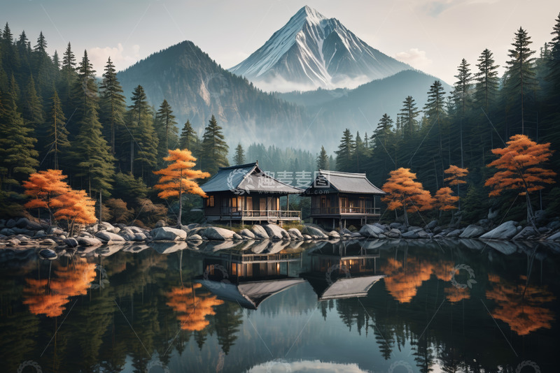 高清大图下载【趣麦麦图】山林湖畔中式小屋风景