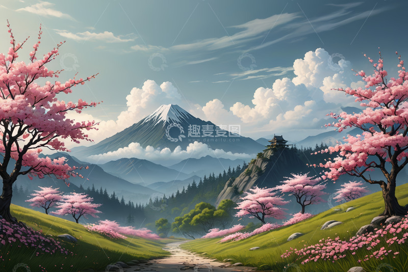 高清大图下载【趣麦麦图】樱花盛开下的山景风光