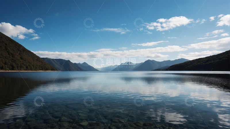 高清大图下载【趣麦麦图】宁静湖泊与远处山峦风光