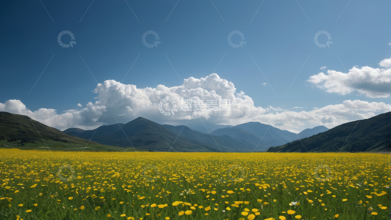 高清大图下载【趣麦麦图】黄野花海与远山蓝天景观