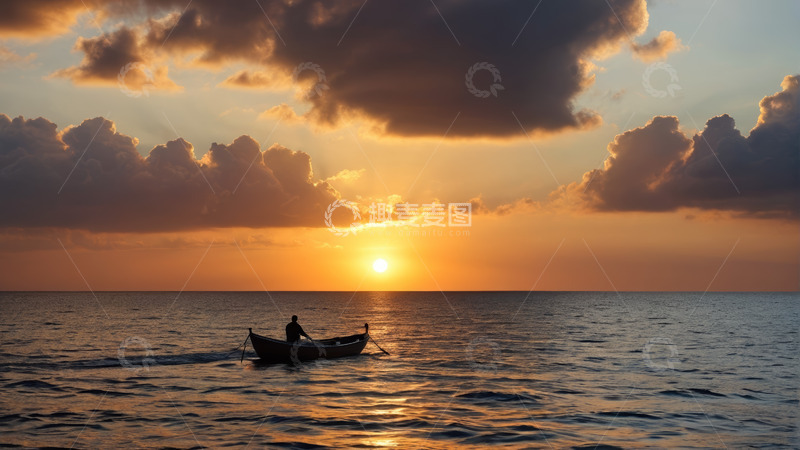 高清大图下载【趣麦麦图】海上夕阳渔舟剪影