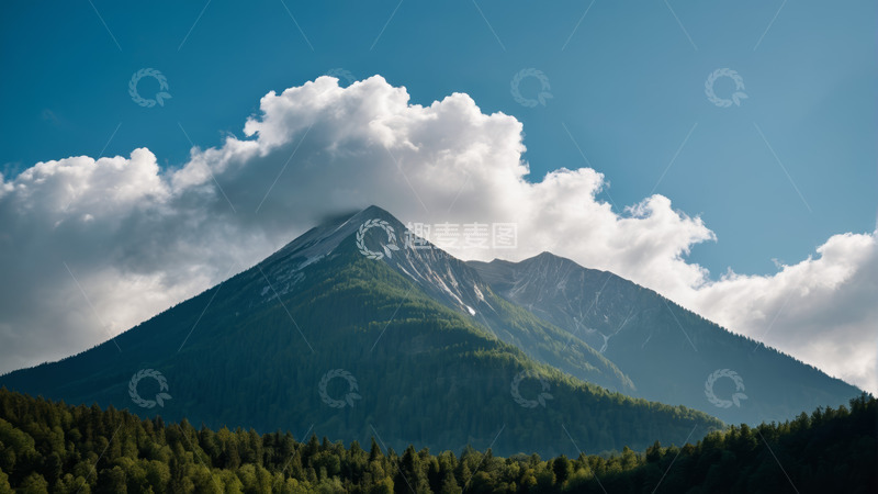 高清大图下载【趣麦麦图】蓝天白云下的青山森林景观