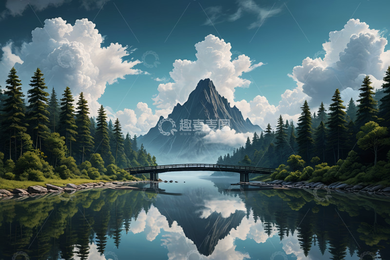 高清大图下载【趣麦麦图】山林间河流上的桥梁风景